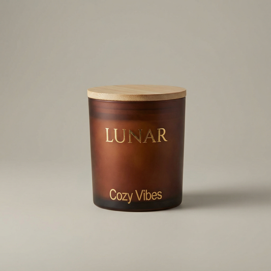 Αρωματικό κερί LUNAR cozy vibes σε καραμελέ frost  ποτήρι με ξύλινο καπάκι και ξύλινο φυτίλι – premium home fragrance and gifts